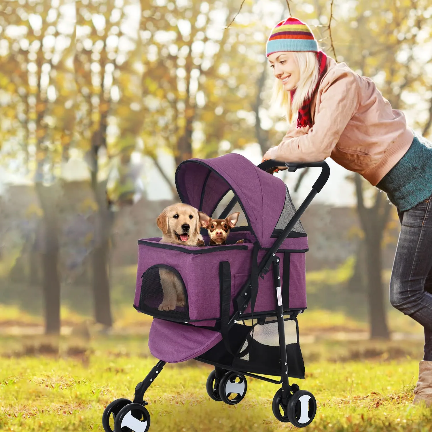 Dog Stroller Cat Pet stoller 3-in-1 Folding for Small Medium Dogs Cats with Detachable Carrier Storage Basket Waterproof Lightweight Travel,Purple, 3 Wheels, 7.0 kilograms
