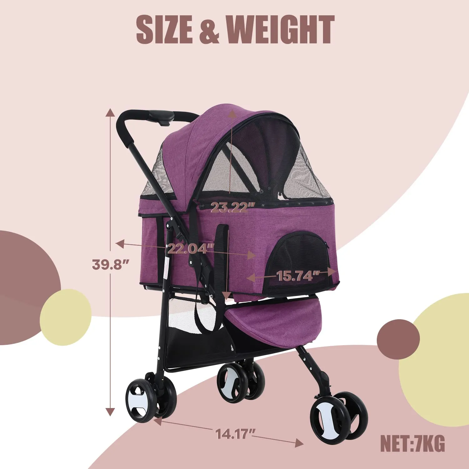 Dog Stroller Cat Pet stoller 3-in-1 Folding for Small Medium Dogs Cats with Detachable Carrier Storage Basket Waterproof Lightweight Travel,Purple, 3 Wheels, 7.0 kilograms