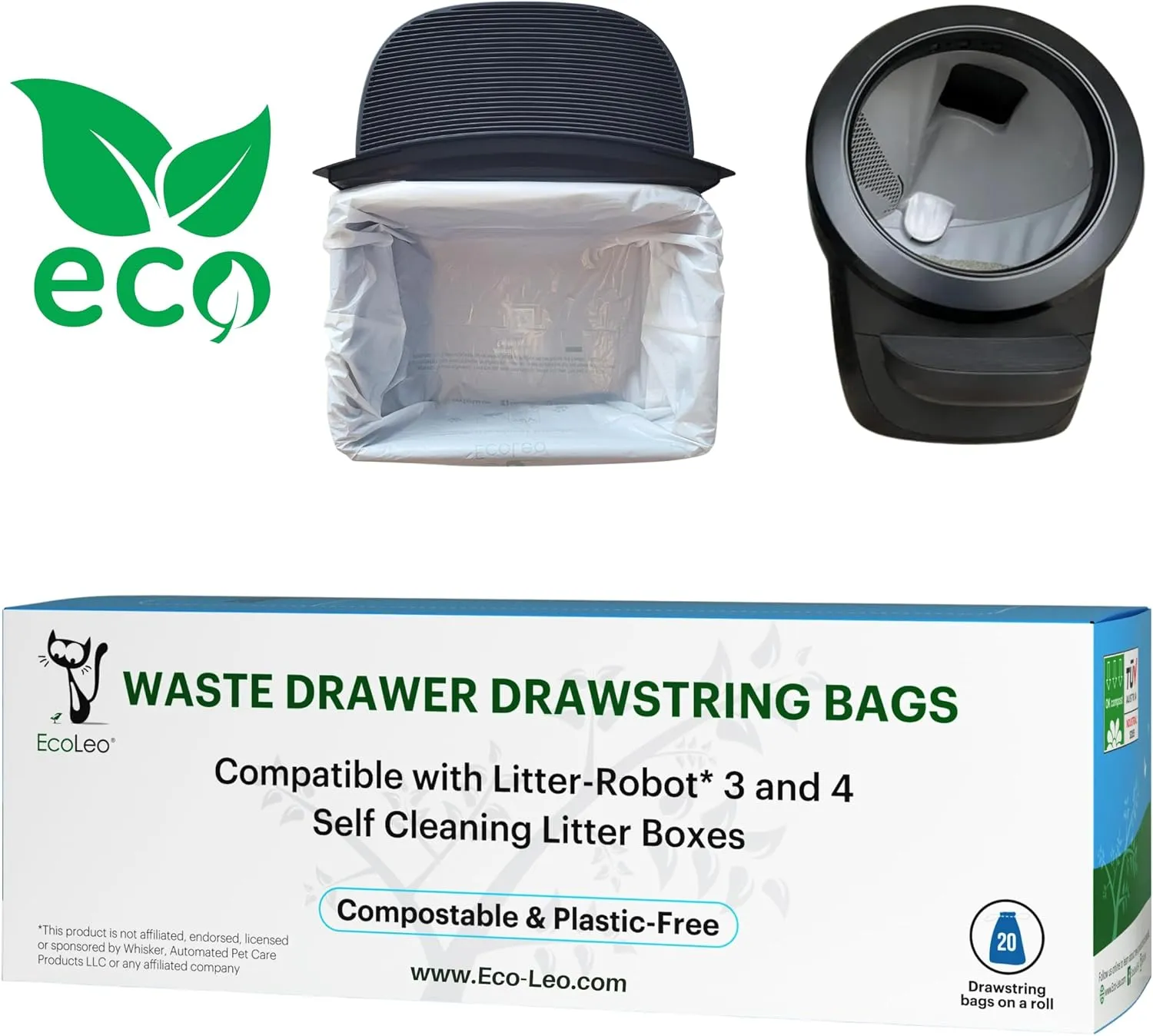 EcoLeo, Compatible with Litter-Robot 4 & 3, Compostable, Eco-friendly Waste Bags with Drawstrings, Thick, for Automatic Litter Box Waste Drawers (20-Count)