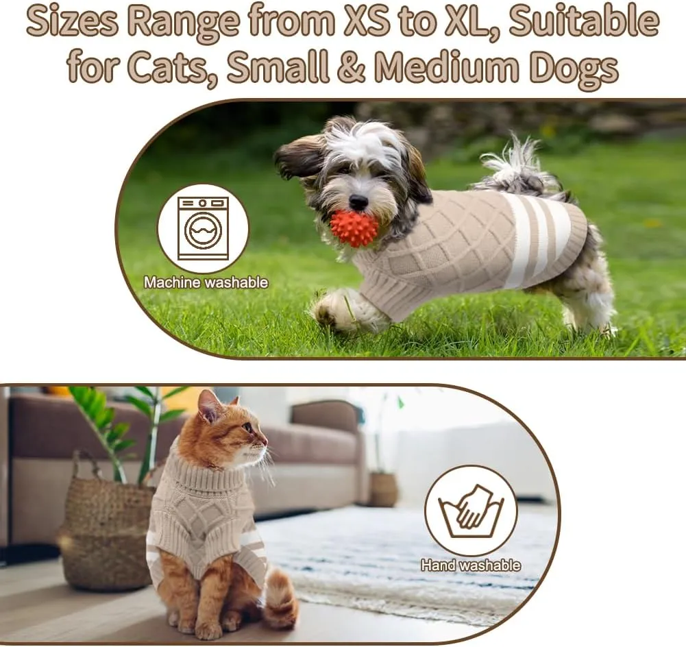 EMUST Dog Sweaters for Small Dogs Boy Girl, Soft Cat Sweaters with Turtleneck, Warm Cable Knit Stretchable Small Puppy Dog Sweater for Sphynx, Chihuahuas, Bulldog, Dachshund, Pug, Yorkie, Khaki S