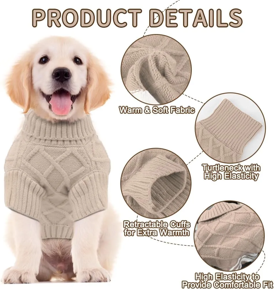 EMUST Dog Sweaters for Small Dogs Boy Girl, Soft Cat Sweaters with Turtleneck, Warm Cable Knit Stretchable Small Puppy Dog Sweater for Sphynx, Chihuahuas, Bulldog, Dachshund, Pug, Yorkie, Khaki S