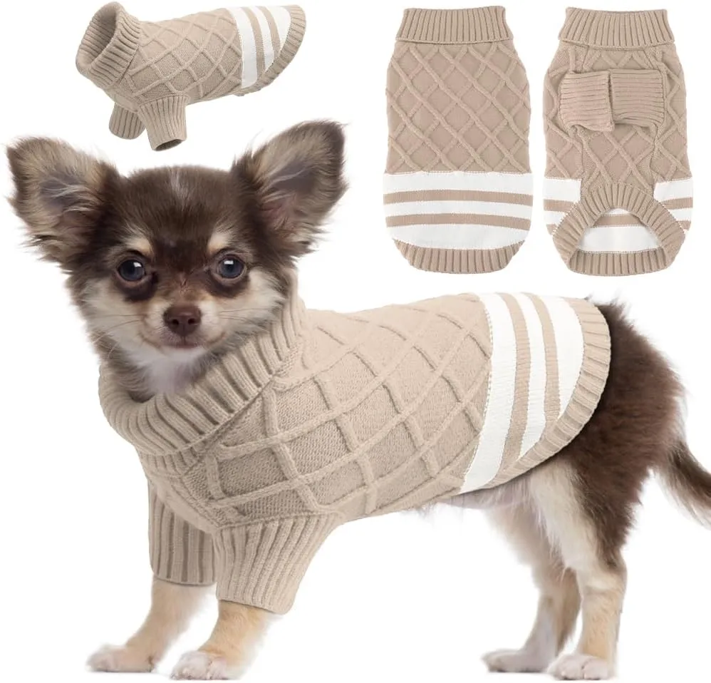 EMUST Dog Sweaters for Small Dogs Boy Girl, Soft Cat Sweaters with Turtleneck, Warm Cable Knit Stretchable Small Puppy Dog Sweater for Sphynx, Chihuahuas, Bulldog, Dachshund, Pug, Yorkie, Khaki S