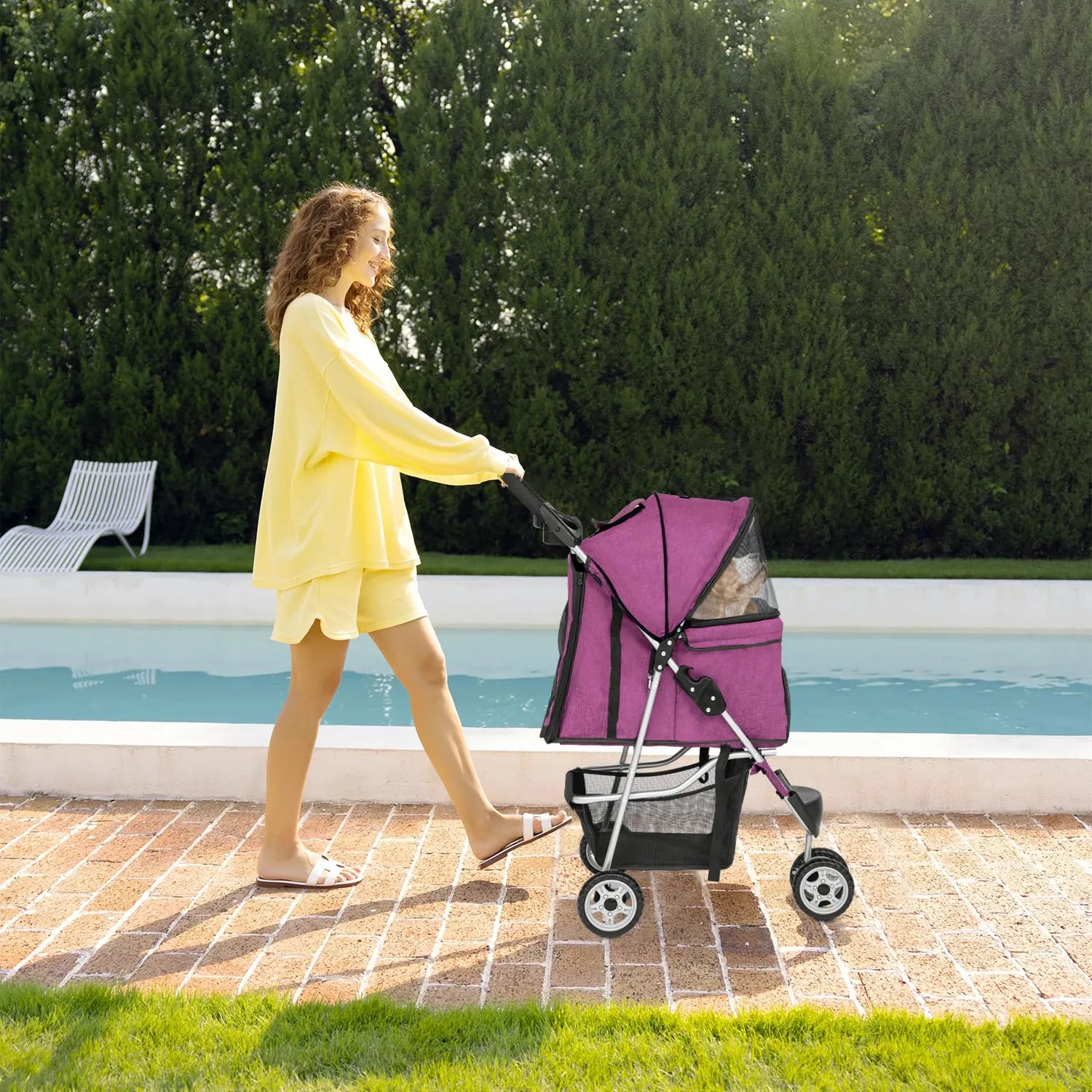 FDW 3 Wheels Pet Stroller Folding Dog Cat Jogger Stroller with Storage Basket &Cup Holder Portable Lightweight Travel Carrier,Purple
