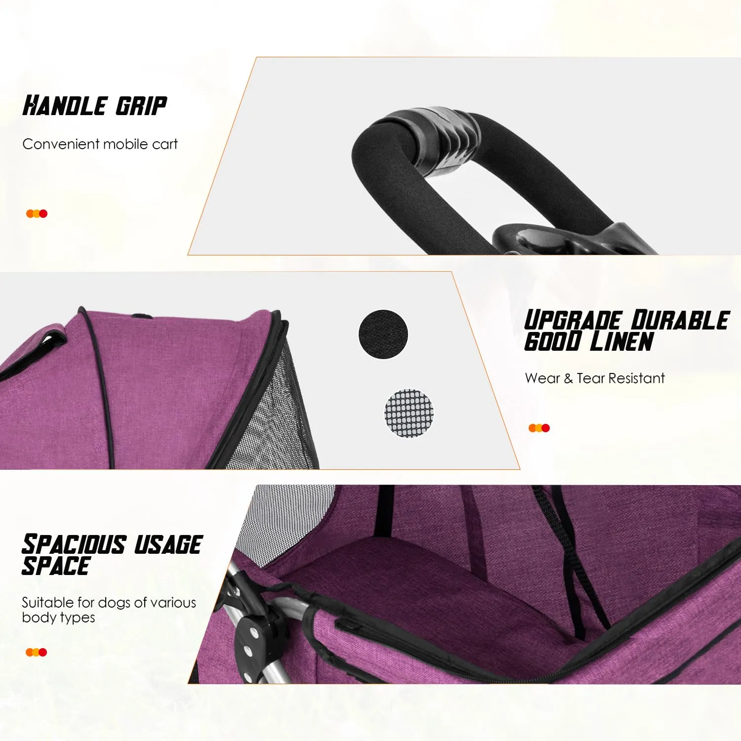 FDW 3 Wheels Pet Stroller Folding Dog Cat Jogger Stroller with Storage Basket &Cup Holder Portable Lightweight Travel Carrier,Purple