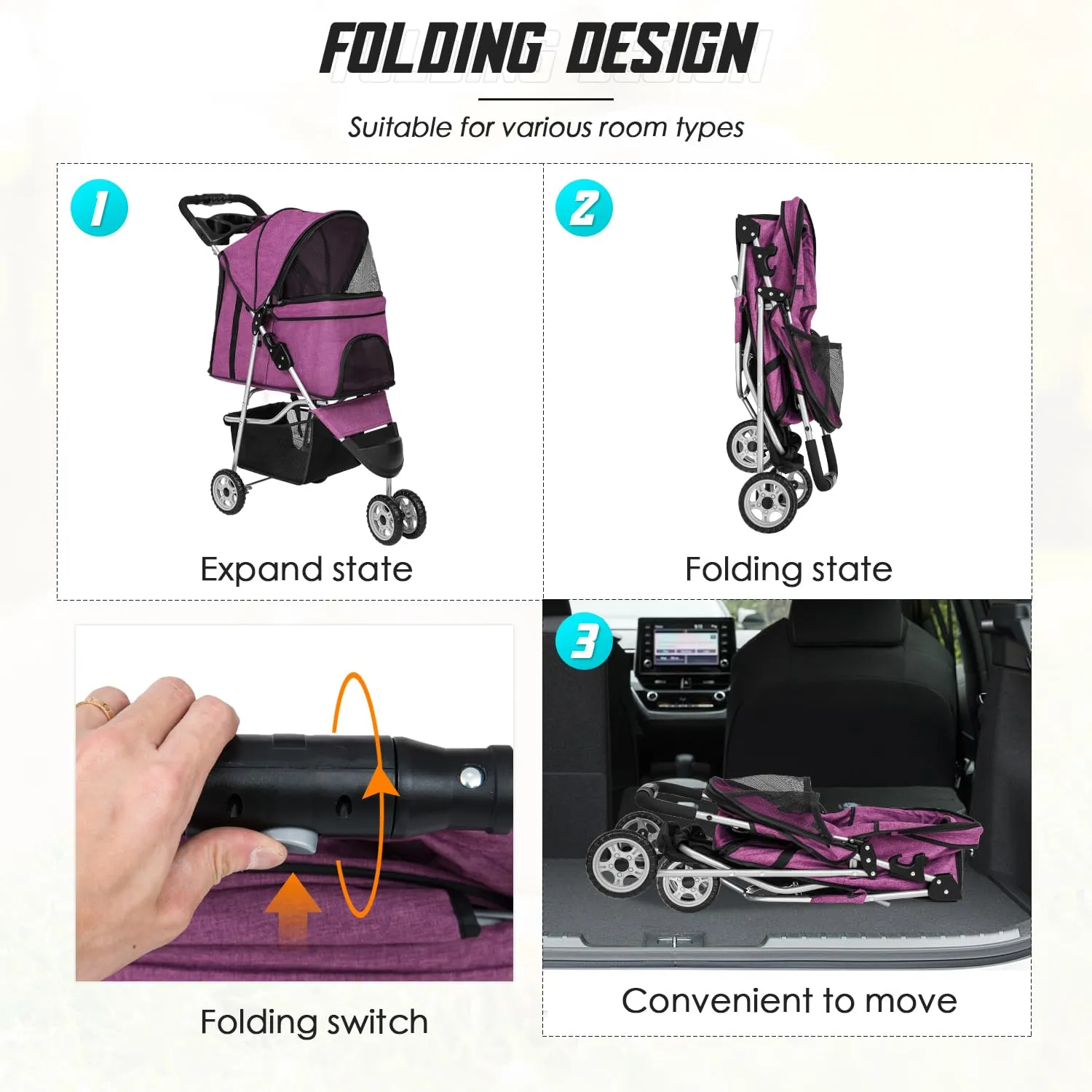 FDW 3 Wheels Pet Stroller Folding Dog Cat Jogger Stroller with Storage Basket &Cup Holder Portable Lightweight Travel Carrier,Purple