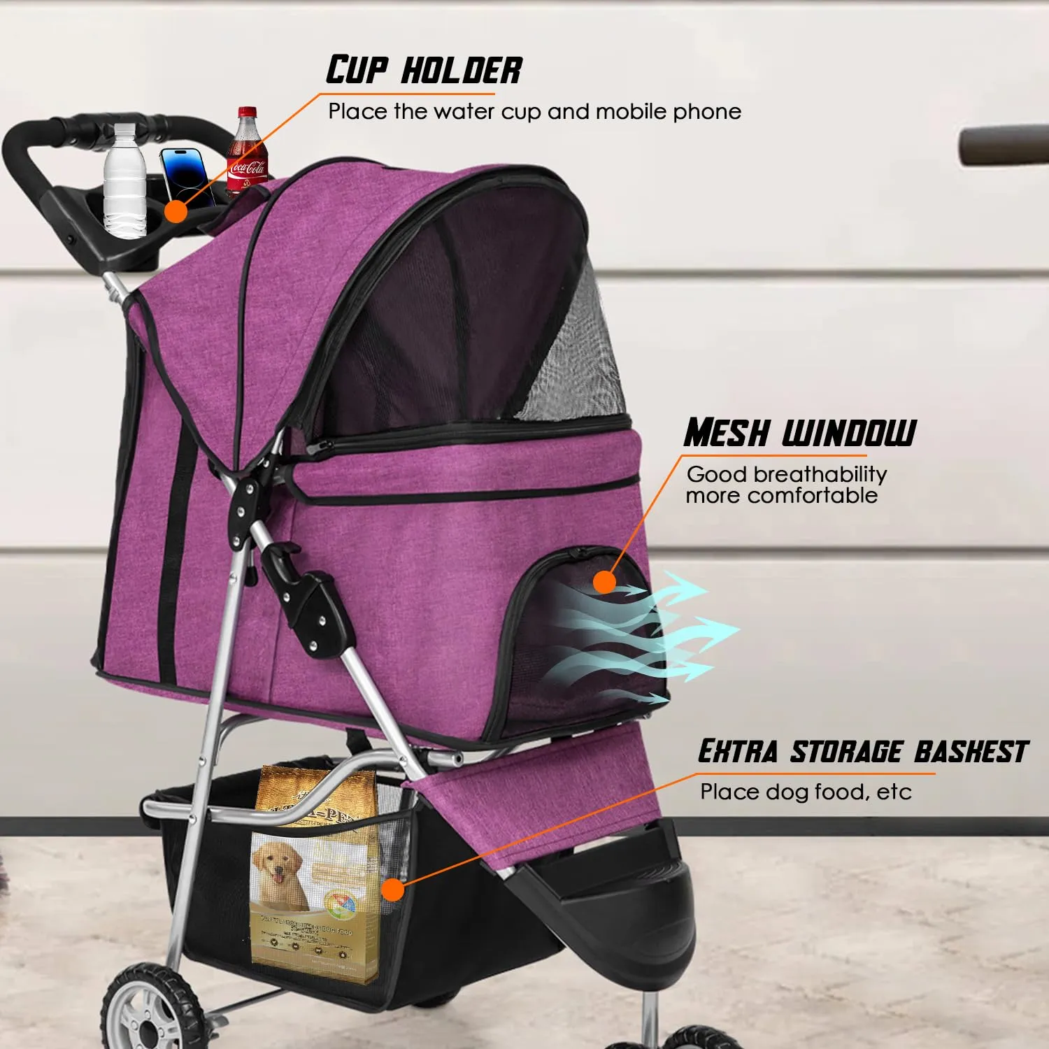 FDW 3 Wheels Pet Stroller Folding Dog Cat Jogger Stroller with Storage Basket &Cup Holder Portable Lightweight Travel Carrier,Purple