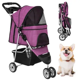 FDW 3 Wheels Pet Stroller Folding Dog Cat Jogger Stroller with Storage Basket &Cup Holder Portable Lightweight Travel Carrier,Purple