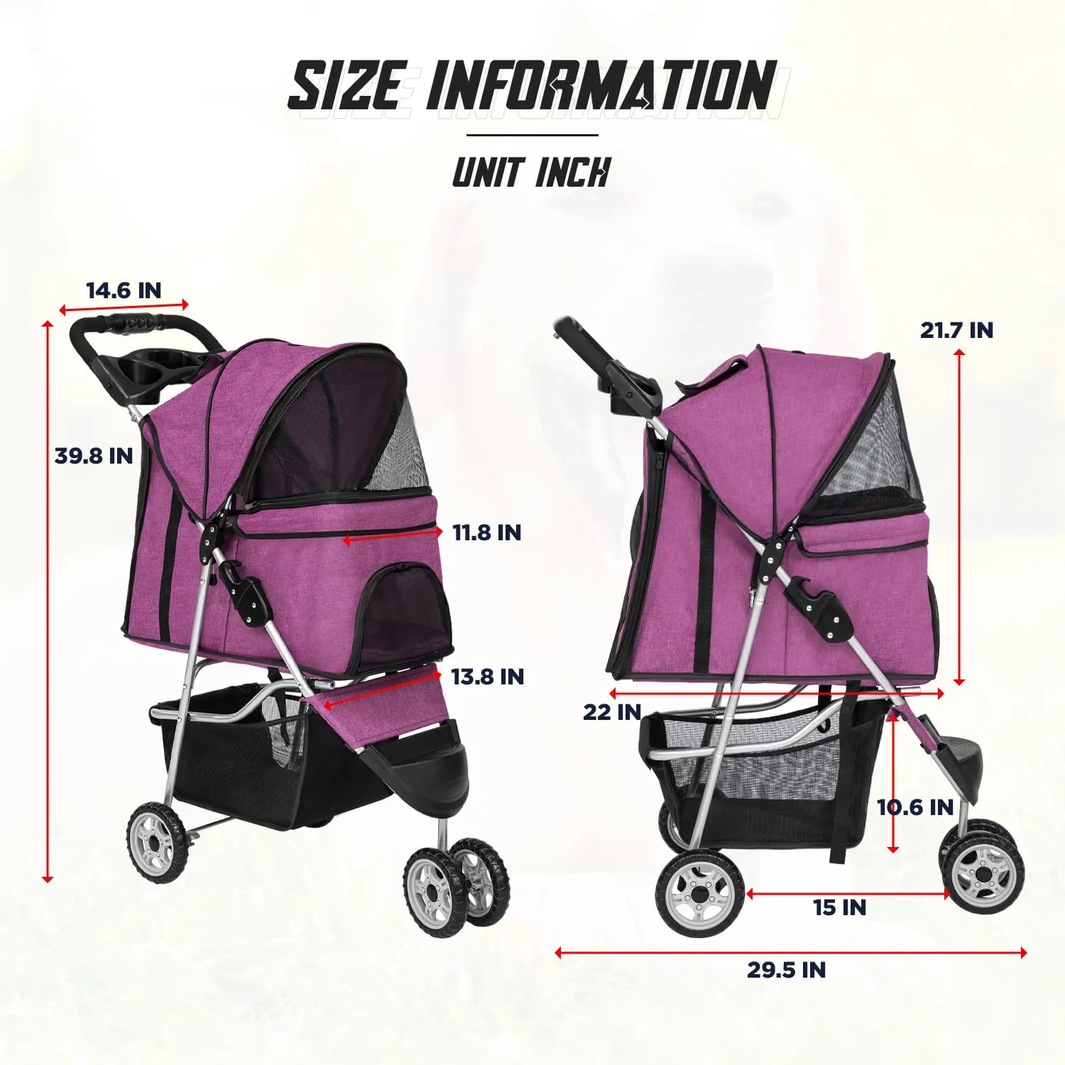 FDW 3 Wheels Pet Stroller Folding Dog Cat Jogger Stroller with Storage Basket &Cup Holder Portable Lightweight Travel Carrier,Purple