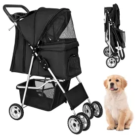 FDW 4 Wheels Pet Stroller Folding Dog Cat Jogger Stroller with Storage Basket &Cup Holder Portable Lightweight Travel Carrier, Black