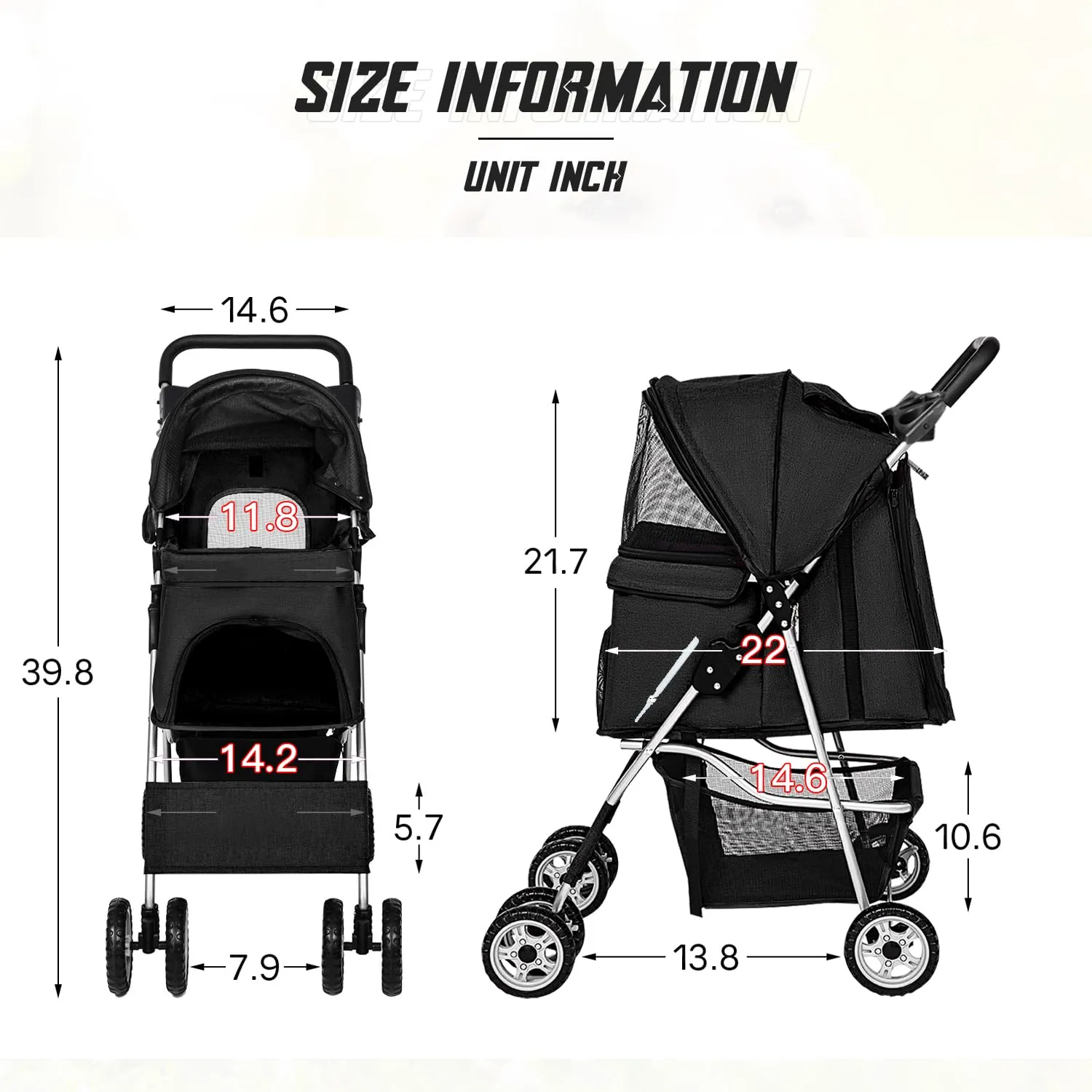 FDW 4 Wheels Pet Stroller Folding Dog Cat Jogger Stroller with Storage Basket &Cup Holder Portable Lightweight Travel Carrier, Black