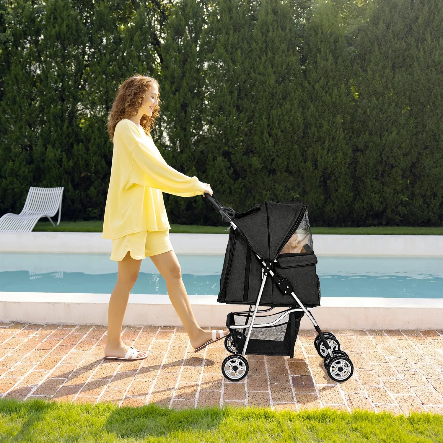 FDW 4 Wheels Pet Stroller Folding Dog Cat Jogger Stroller with Storage Basket &Cup Holder Portable Lightweight Travel Carrier, Black