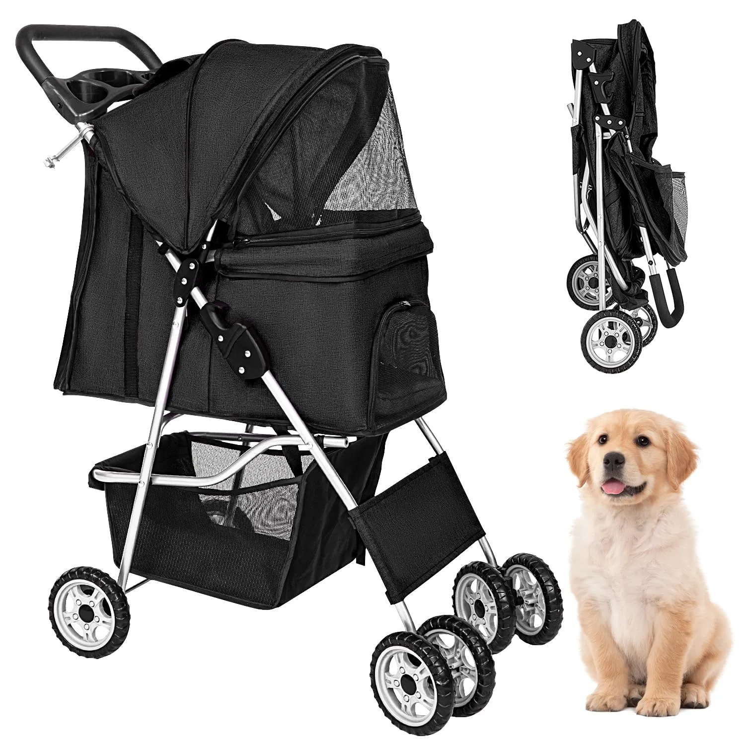FDW 4 Wheels Pet Stroller Folding Dog Cat Jogger Stroller with Storage Basket &Cup Holder Portable Lightweight Travel Carrier, Black