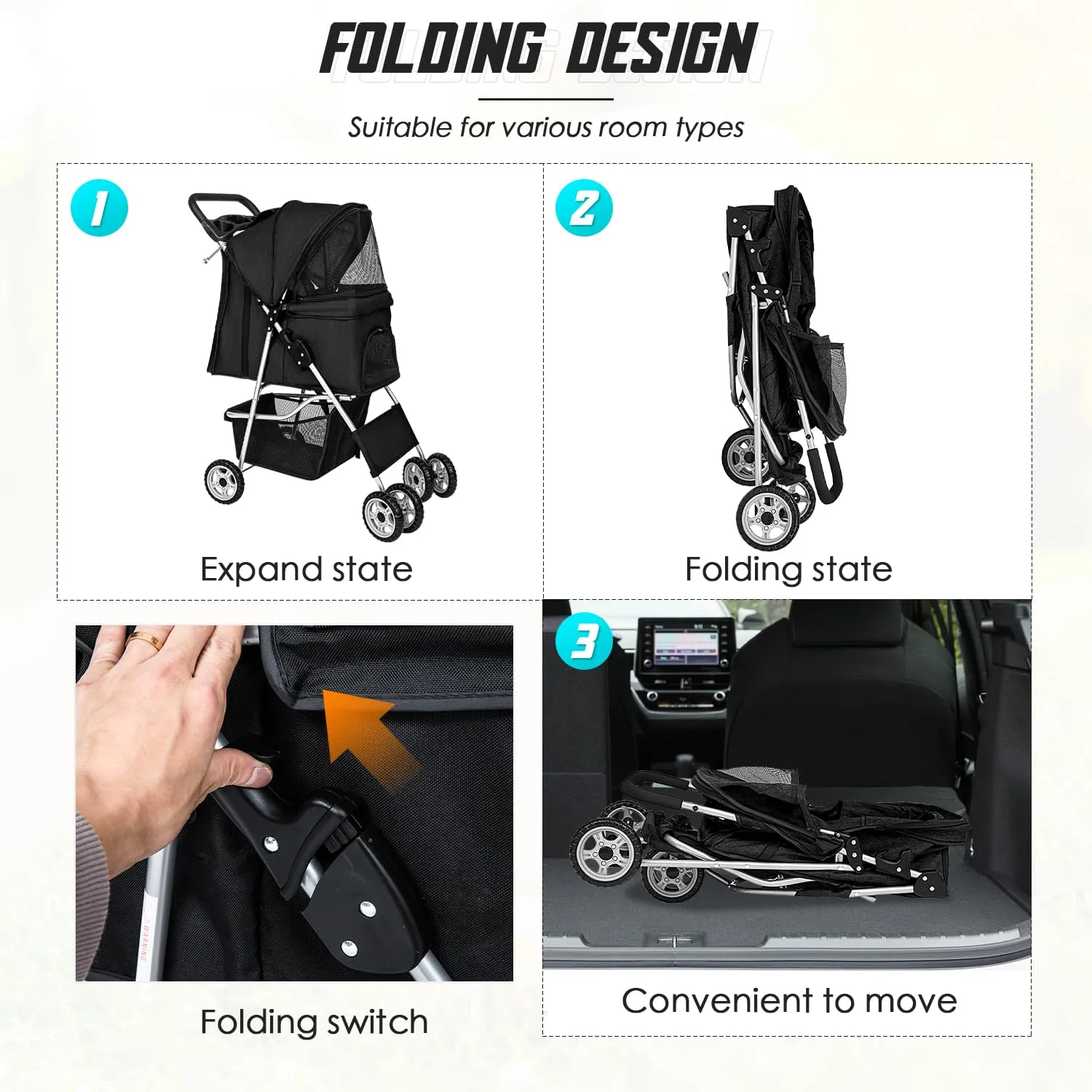 FDW 4 Wheels Pet Stroller Folding Dog Cat Jogger Stroller with Storage Basket &Cup Holder Portable Lightweight Travel Carrier, Black