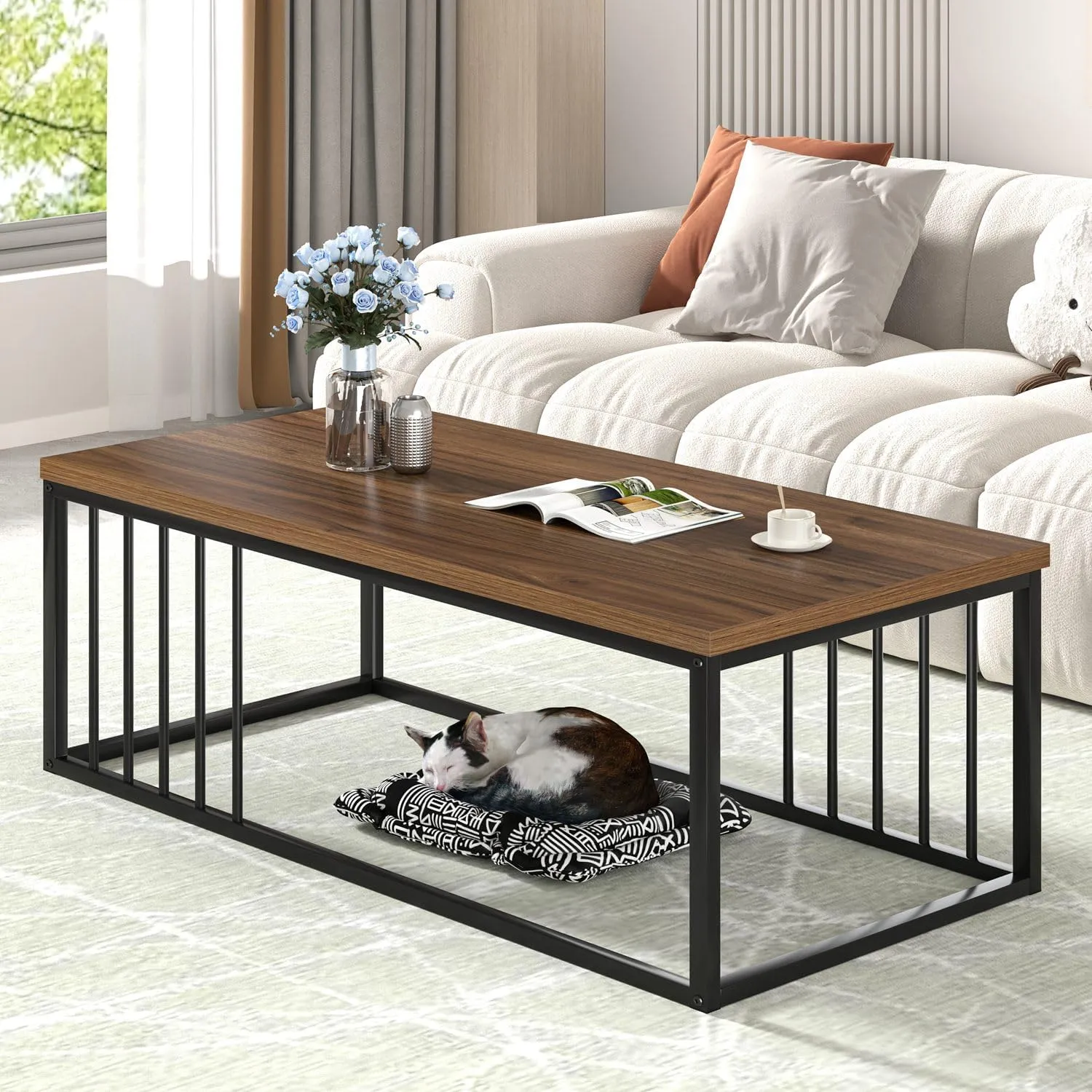 FOLUBAN Coffee Table for Living Room, Modern Wood and Metal Center Table Tea Table for Home Office, Rustic Walnut, 43.3 Inch