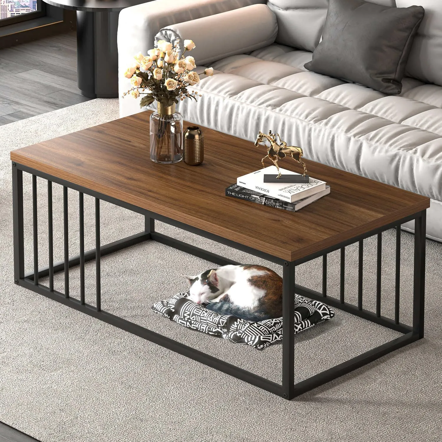 FOLUBAN Coffee Table for Living Room, Modern Wood and Metal Center Table Tea Table for Home Office, Rustic Walnut, 43.3 Inch