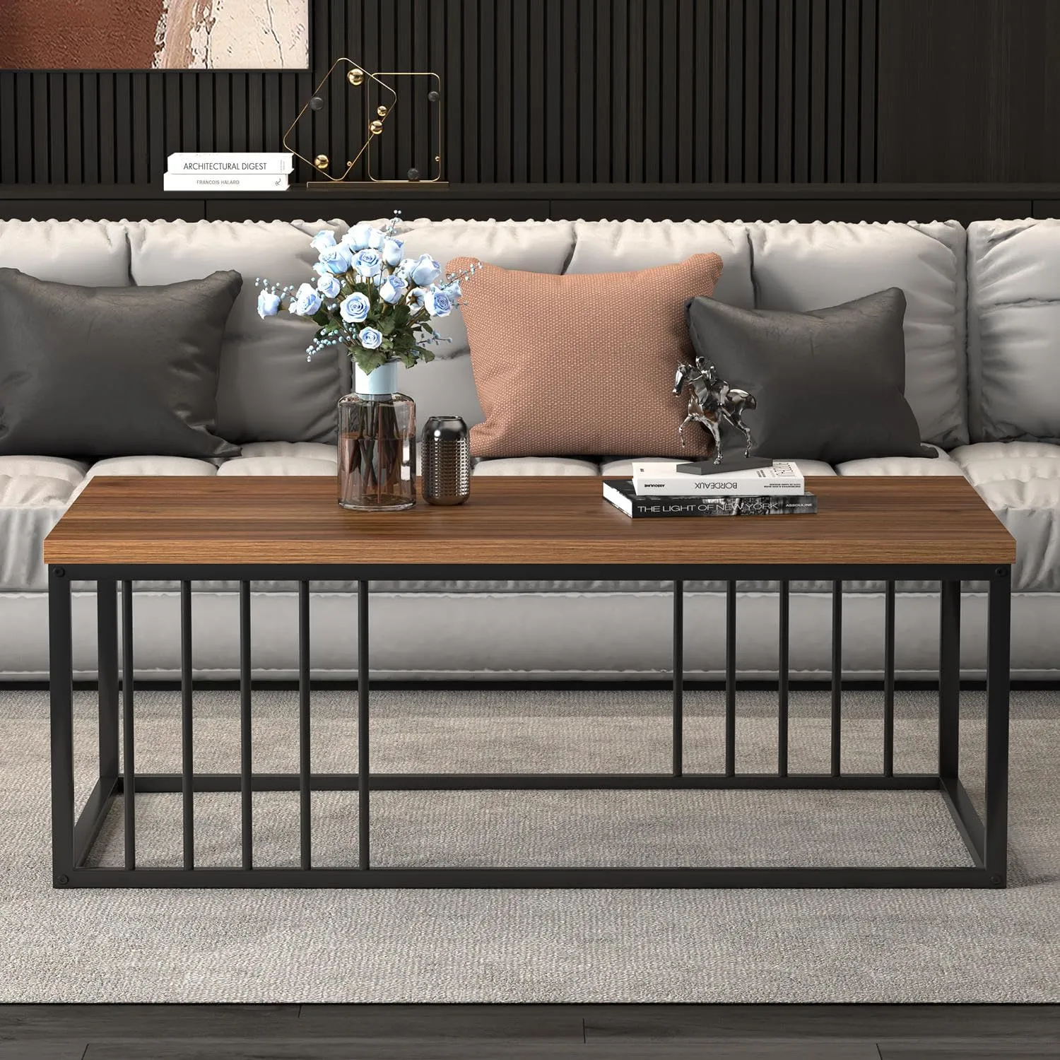 FOLUBAN Coffee Table for Living Room, Modern Wood and Metal Center Table Tea Table for Home Office, Rustic Walnut, 43.3 Inch