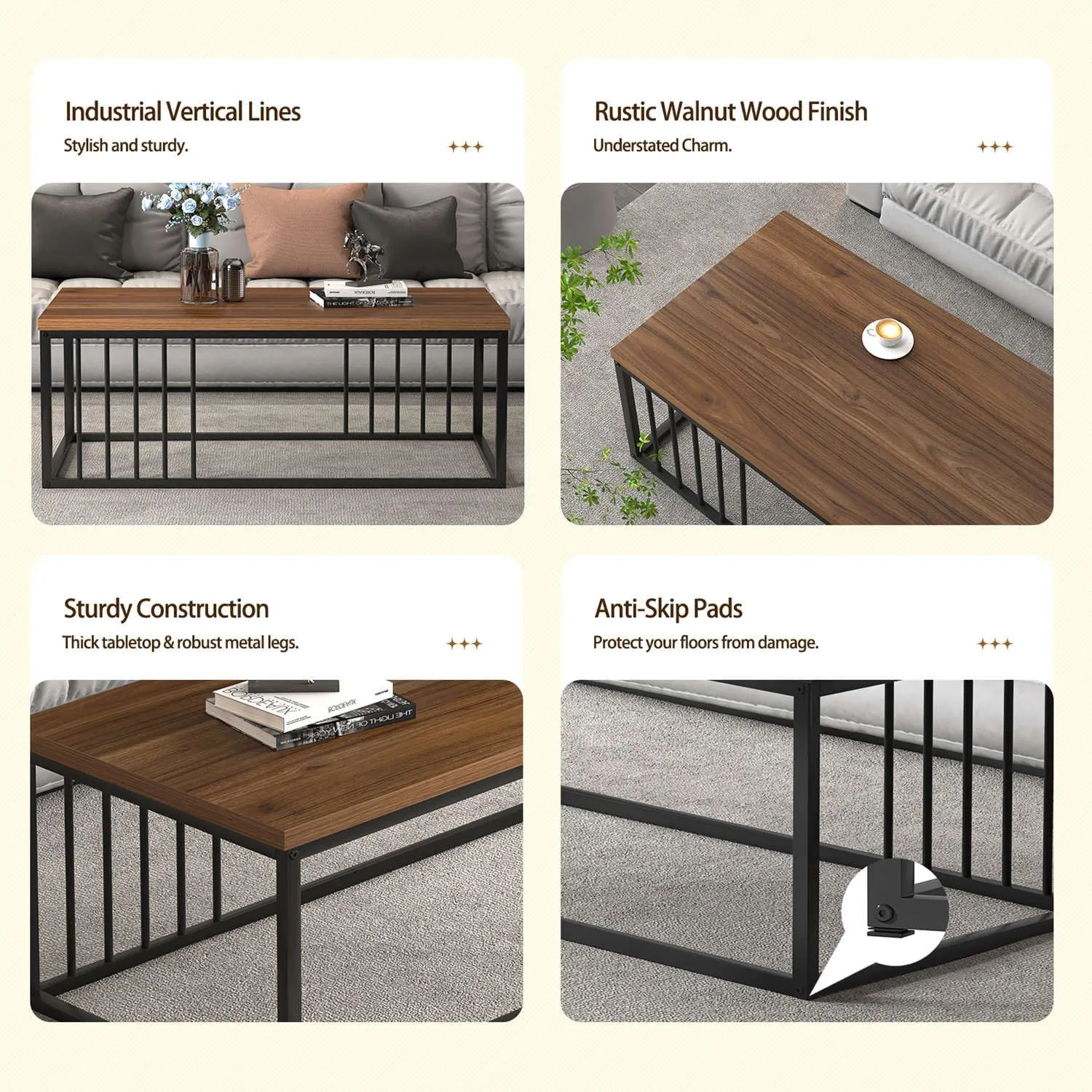 FOLUBAN Coffee Table for Living Room, Modern Wood and Metal Center Table Tea Table for Home Office, Rustic Walnut, 43.3 Inch