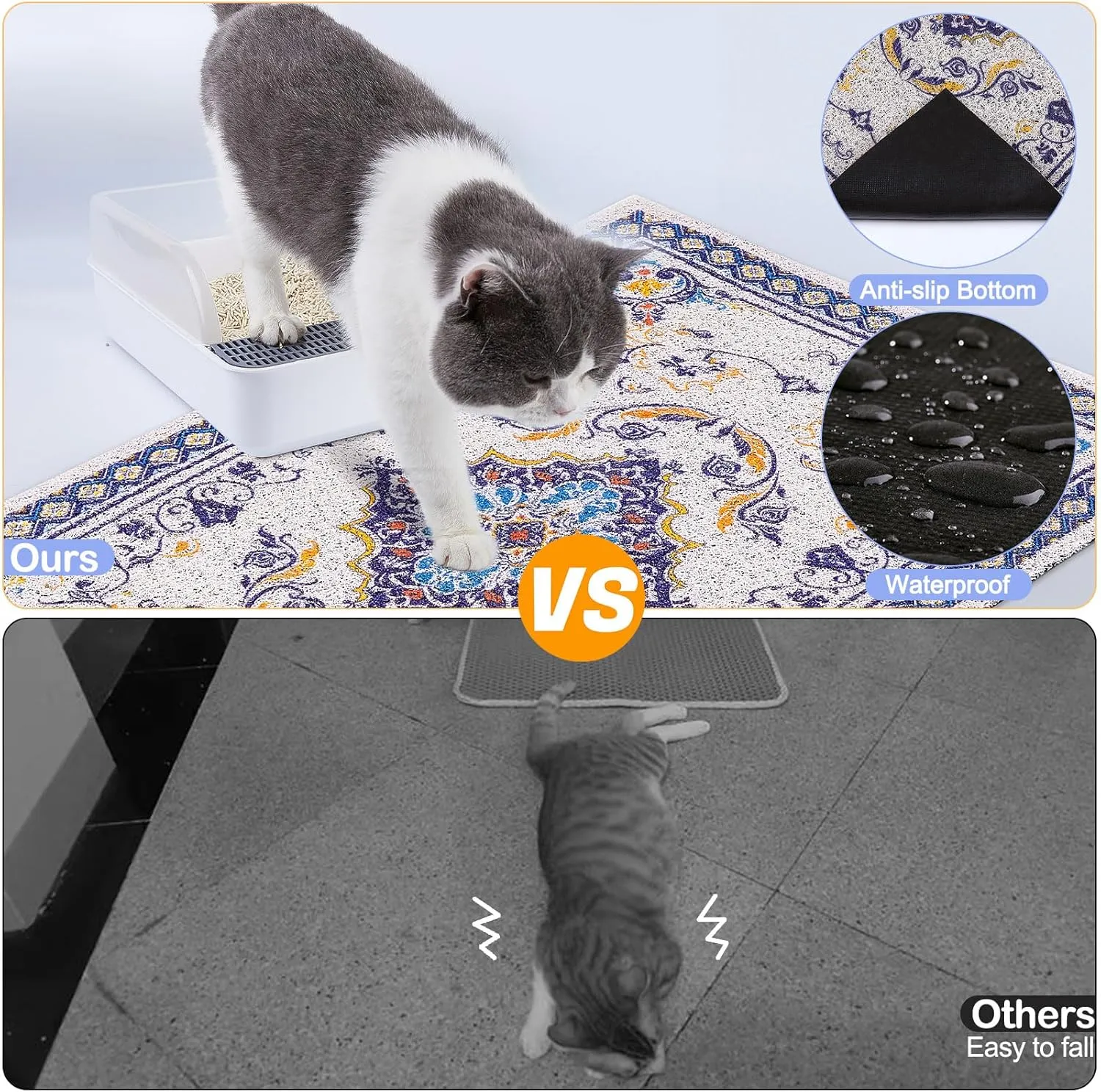 Glittme Cat Litter Mat Soft Litter Mat with Non-Slip Bottom Litter Box Mat Waterproof Cat Litter Mat Litter Trapping Mat Easy to Clean Litter Matt for Cat Washable Cat Food Mat for Cat, Kitty,L