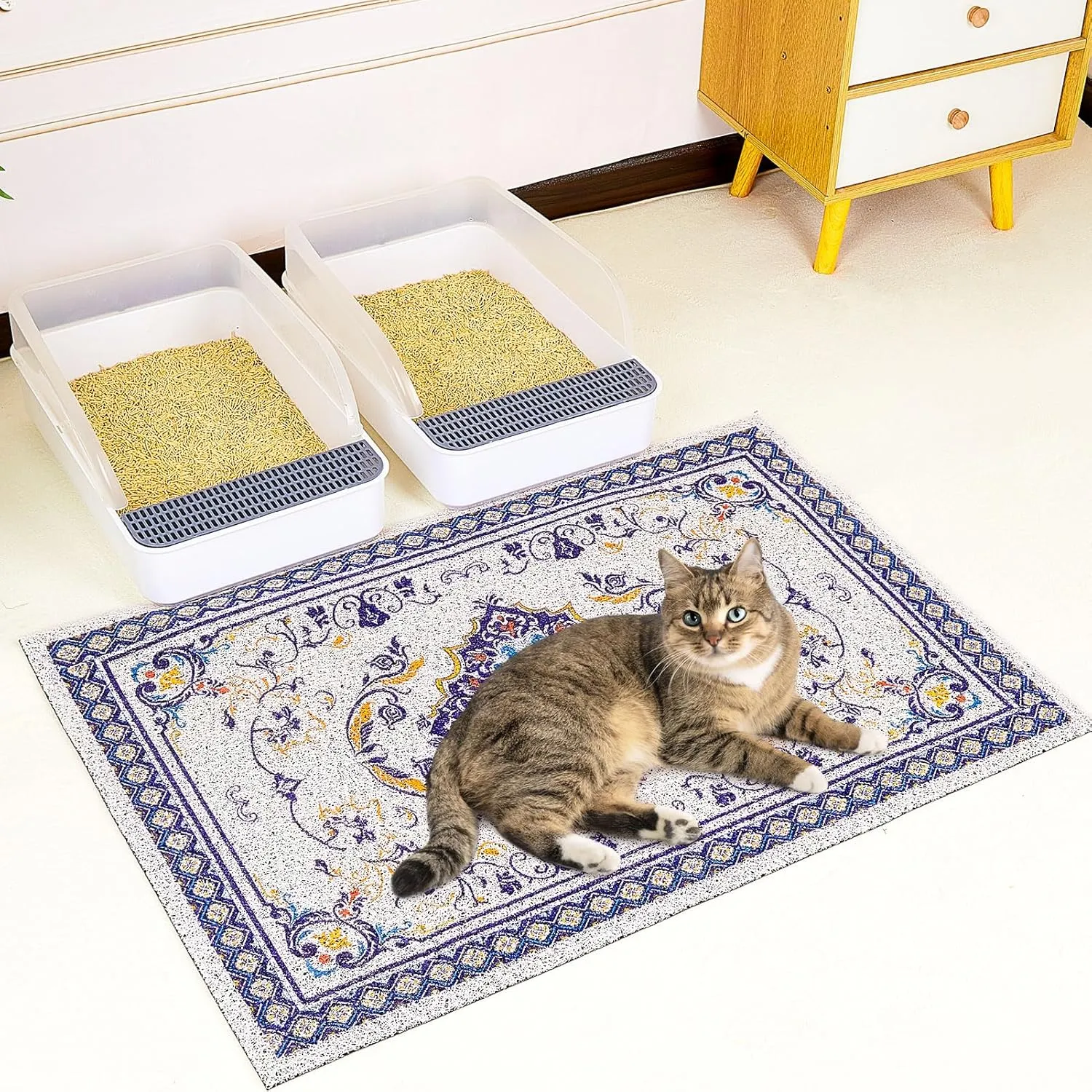 Glittme Cat Litter Mat Soft Litter Mat with Non-Slip Bottom Litter Box Mat Waterproof Cat Litter Mat Litter Trapping Mat Easy to Clean Litter Matt for Cat Washable Cat Food Mat for Cat, Kitty,L