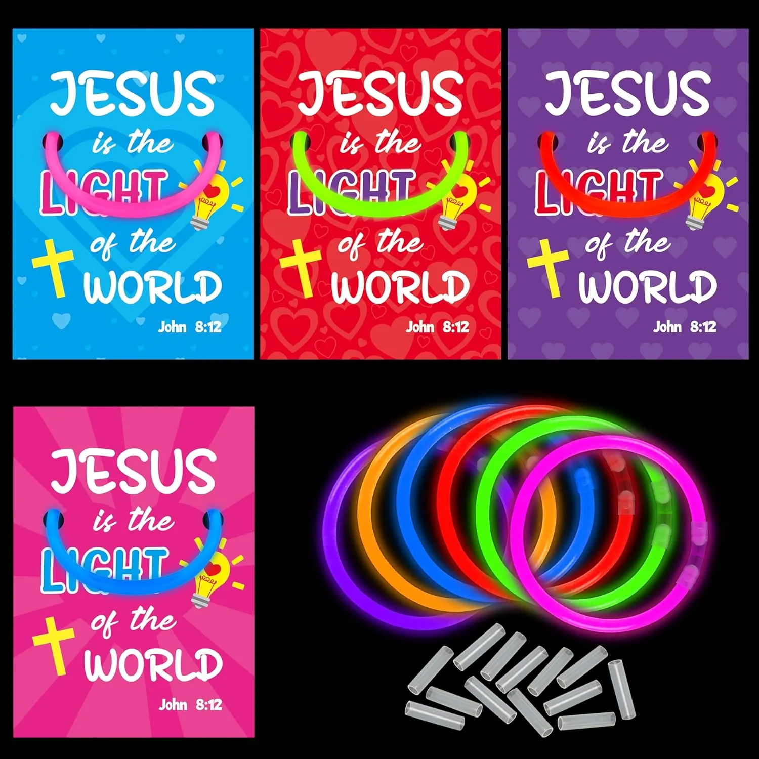 Haooryx Valentines Exchange Gifts Bulk - 36 Pack Glow in The Dark Sticks Bible Verse Card Valentine's Day Kids' Multi-Item Party Favor Packs Sunday School Prizes Classroom Reward Holiday Presents