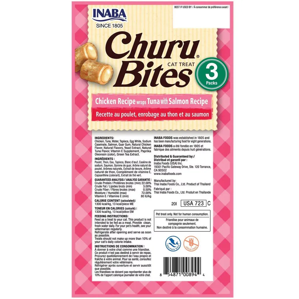 Inaba Churu Bites Chicken Recipe wraps Tuna with Salmon Recipe Cat Treats, 0.35-oz x pack of 3