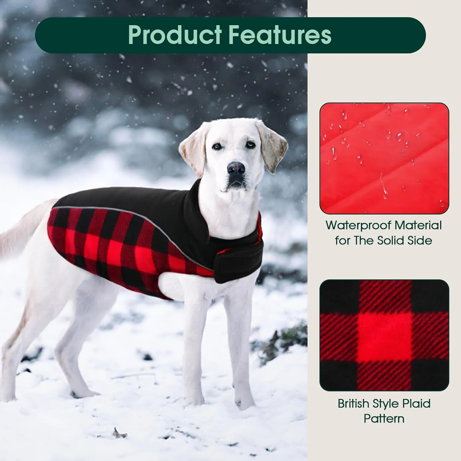 Kuoser Reversible Dog Coat, Warm Waterproof Dog Jacket, British Style Plaid Dog Winter Coats, Puppy Cold Weather Vest Windproof Outdoor Clothes Dog Snow Jackets for Extra Large Dogs XXXL
