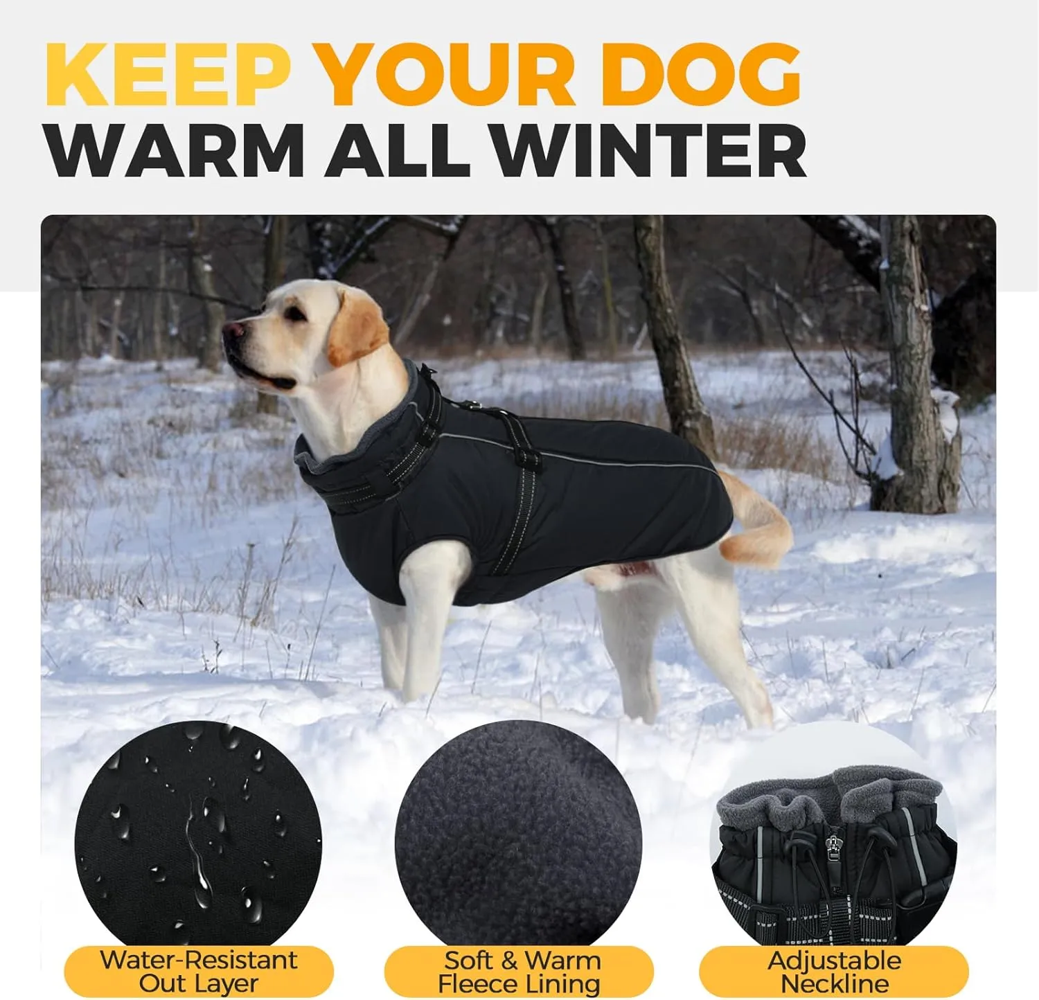 Lelepet Dog Coat - Waterproof Fleece Jacket with Harness Built-in, Warm Winter Coat, Reflective, Zip-Up Padded Vest for Small Medium Large Dogs, M