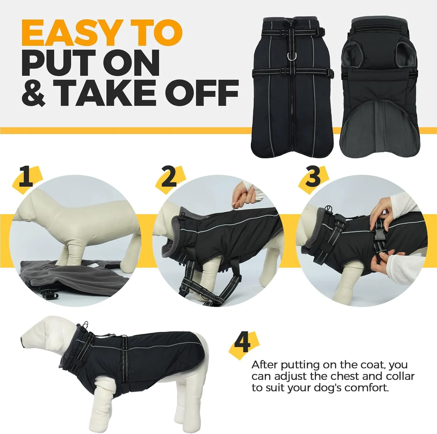 Lelepet Dog Coat - Waterproof Fleece Jacket with Harness Built-in, Warm Winter Coat, Reflective, Zip-Up Padded Vest for Small Medium Large Dogs, M