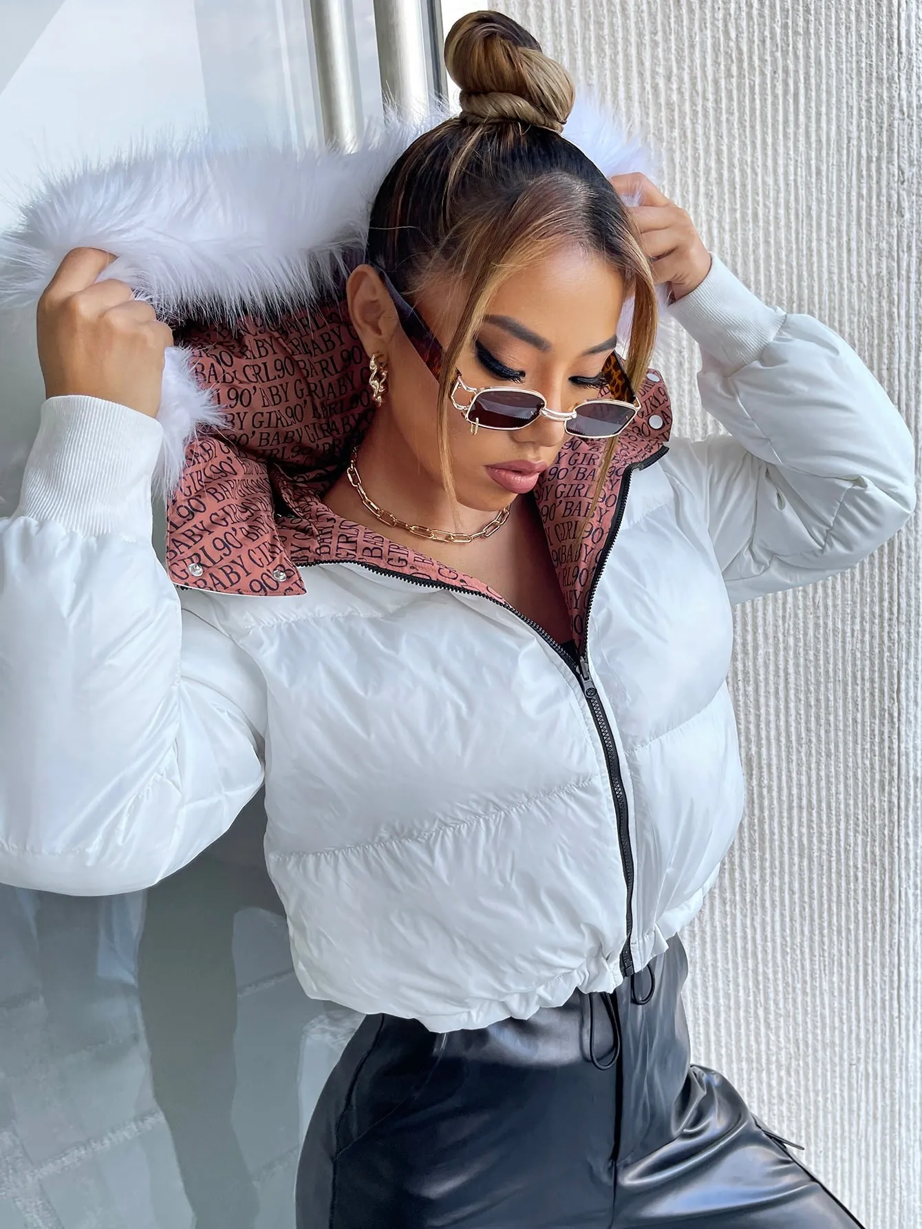 Letter Drawstring Long Sleeve Hooded Regular Women Winter Coat