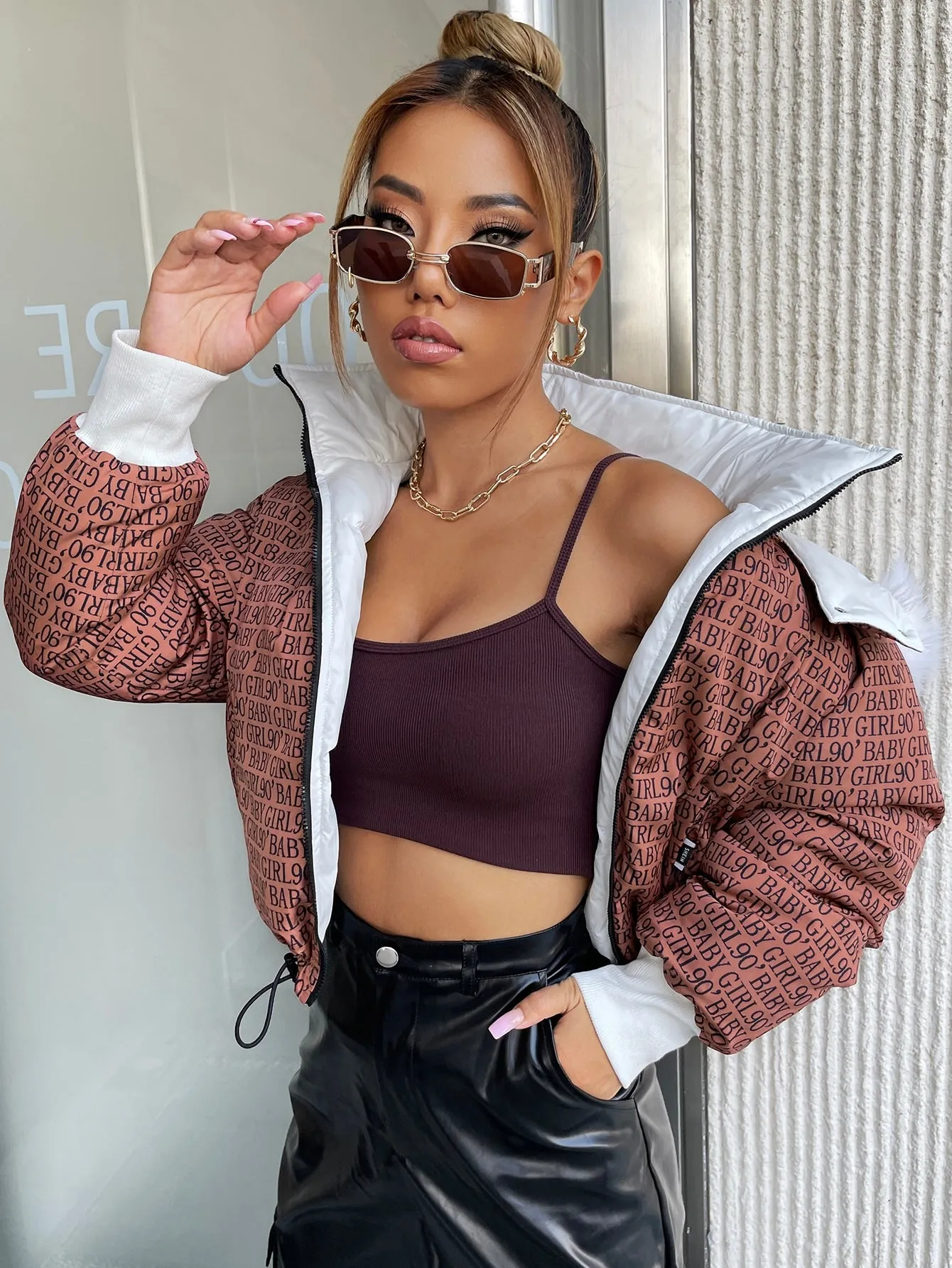 Letter Drawstring Long Sleeve Hooded Regular Women Winter Coat