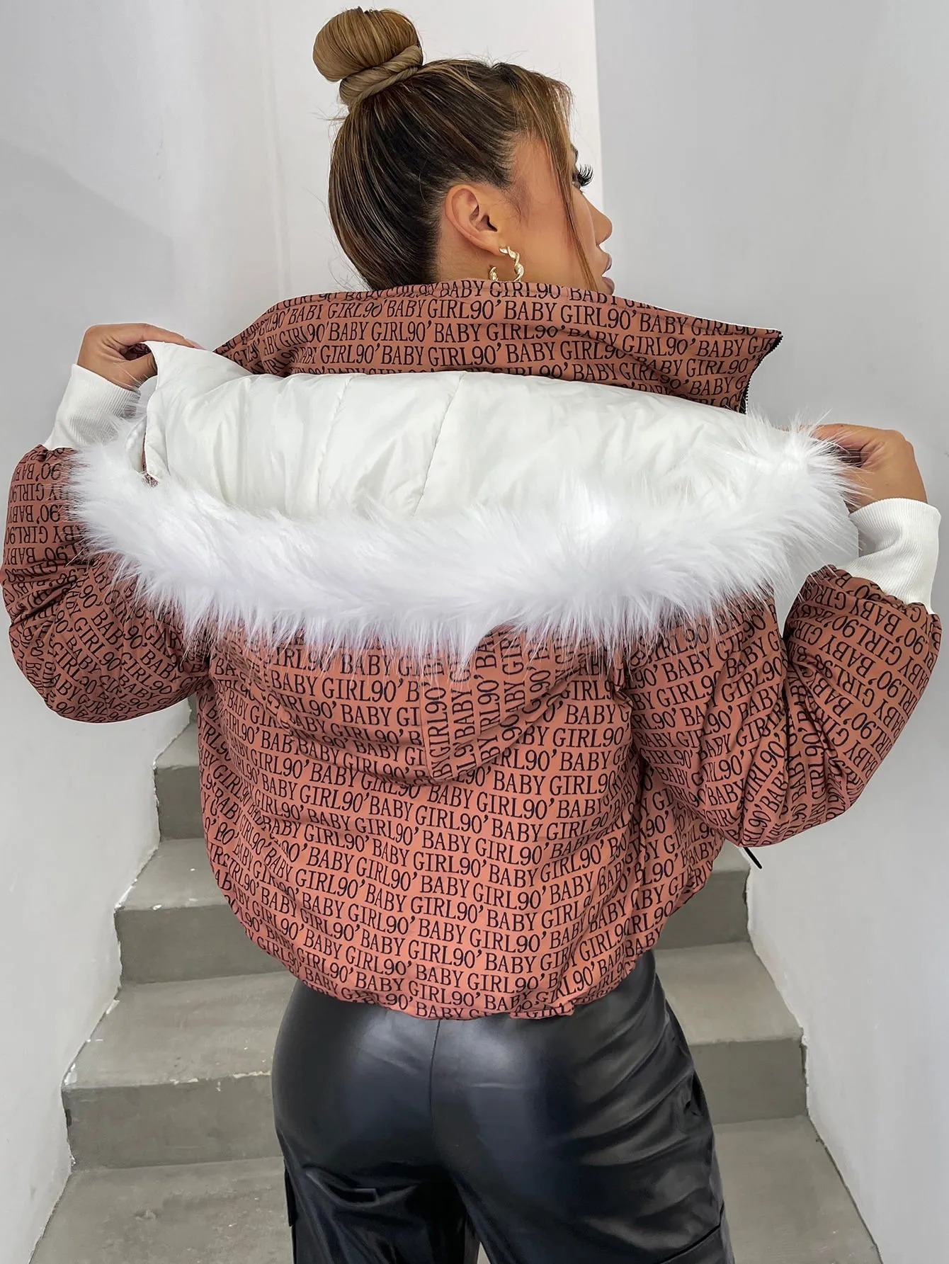 Letter Drawstring Long Sleeve Hooded Regular Women Winter Coat