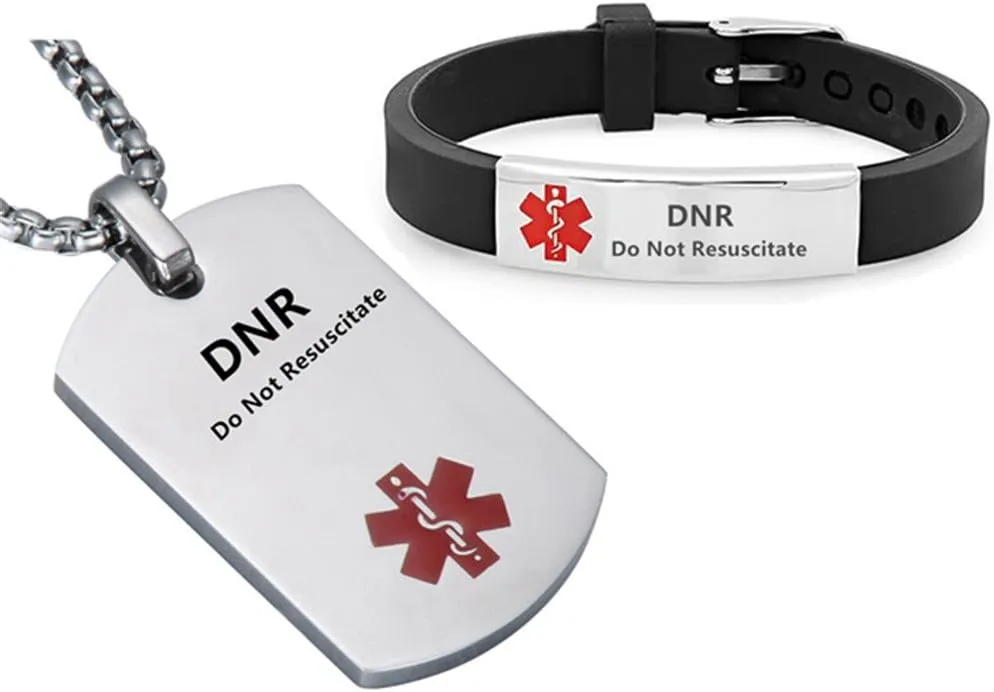LF Stainless Steel DNR Medical Alert Dog Tag ID Pendant Caduceus necklace Set Adjustable Silicone Rubber Chain Medical ID Health Alert Monitoring Systems Jewelry Sets for Men Women