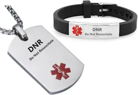 LF Stainless Steel DNR Medical Alert Dog Tag ID Pendant Caduceus necklace Set Adjustable Silicone Rubber Chain Medical ID Health Alert Monitoring Systems Jewelry Sets for Men Women