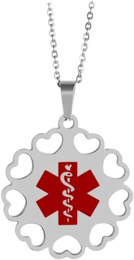 Medical Alert ID Necklace for Women Stainless Steel Heart Hollowed-out Dog Tag Round Emergency Health Awareness Pendant for Female, 20-22" (Free Engraving)