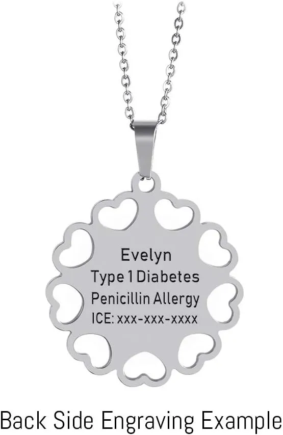 Medical Alert ID Necklace for Women Stainless Steel Heart Hollowed-out Dog Tag Round Emergency Health Awareness Pendant for Female, 20-22" (Free Engraving)