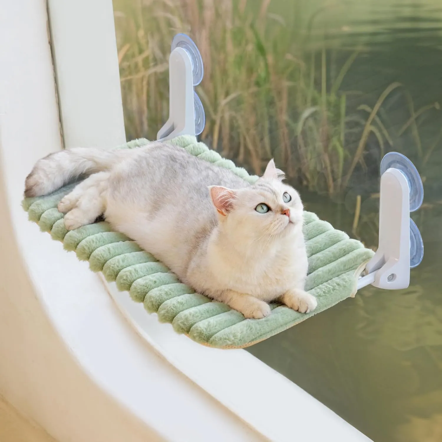 MEWOOFUN Folding Cat Window Perch for Indoor Cats, Machine Washable Window Hammock for Large Cats, Suction Cup Window Cat Bed with Sturdy Metal Frame, Cordless Window Seat for Inside Kitten(Green,1PC)