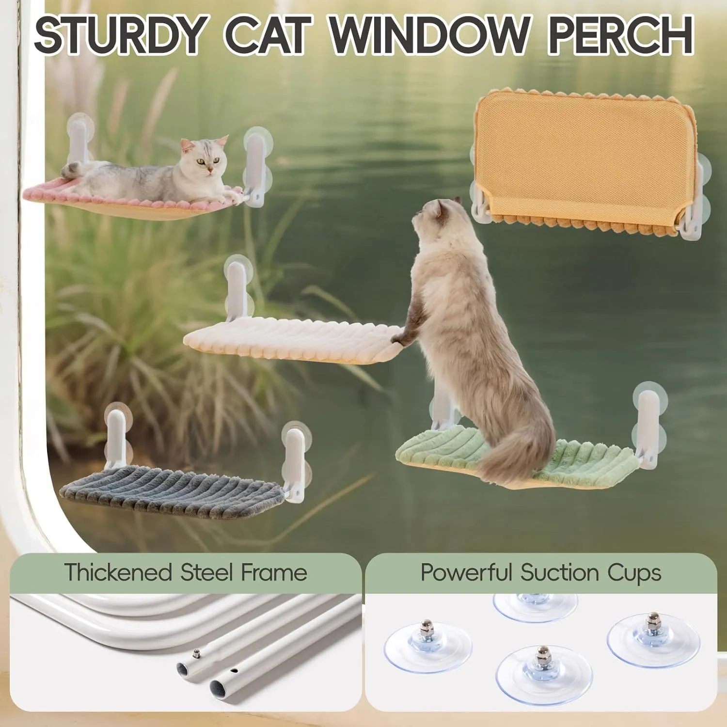MEWOOFUN Folding Cat Window Perch for Indoor Cats, Machine Washable Window Hammock for Large Cats, Suction Cup Window Cat Bed with Sturdy Metal Frame, Cordless Window Seat for Inside Kitten(Green,1PC)