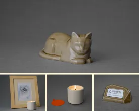 Mini Cat Memorial Bundle - 4 Pieces - Portrait | Urn | Nameplate Holder | Scented Candle