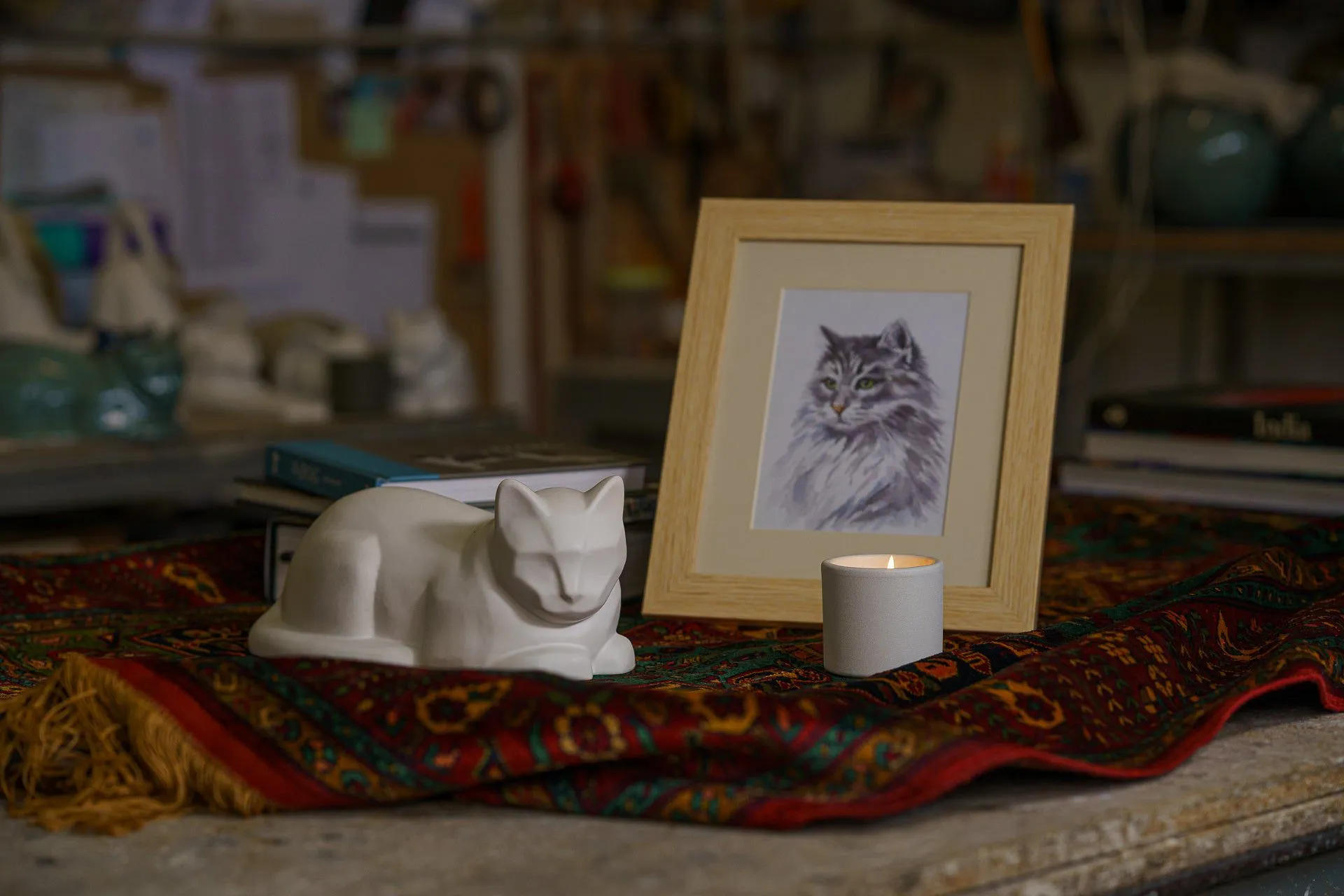 Mini Cat Memorial Bundle - 4 Pieces - Portrait | Urn | Nameplate Holder | Scented Candle