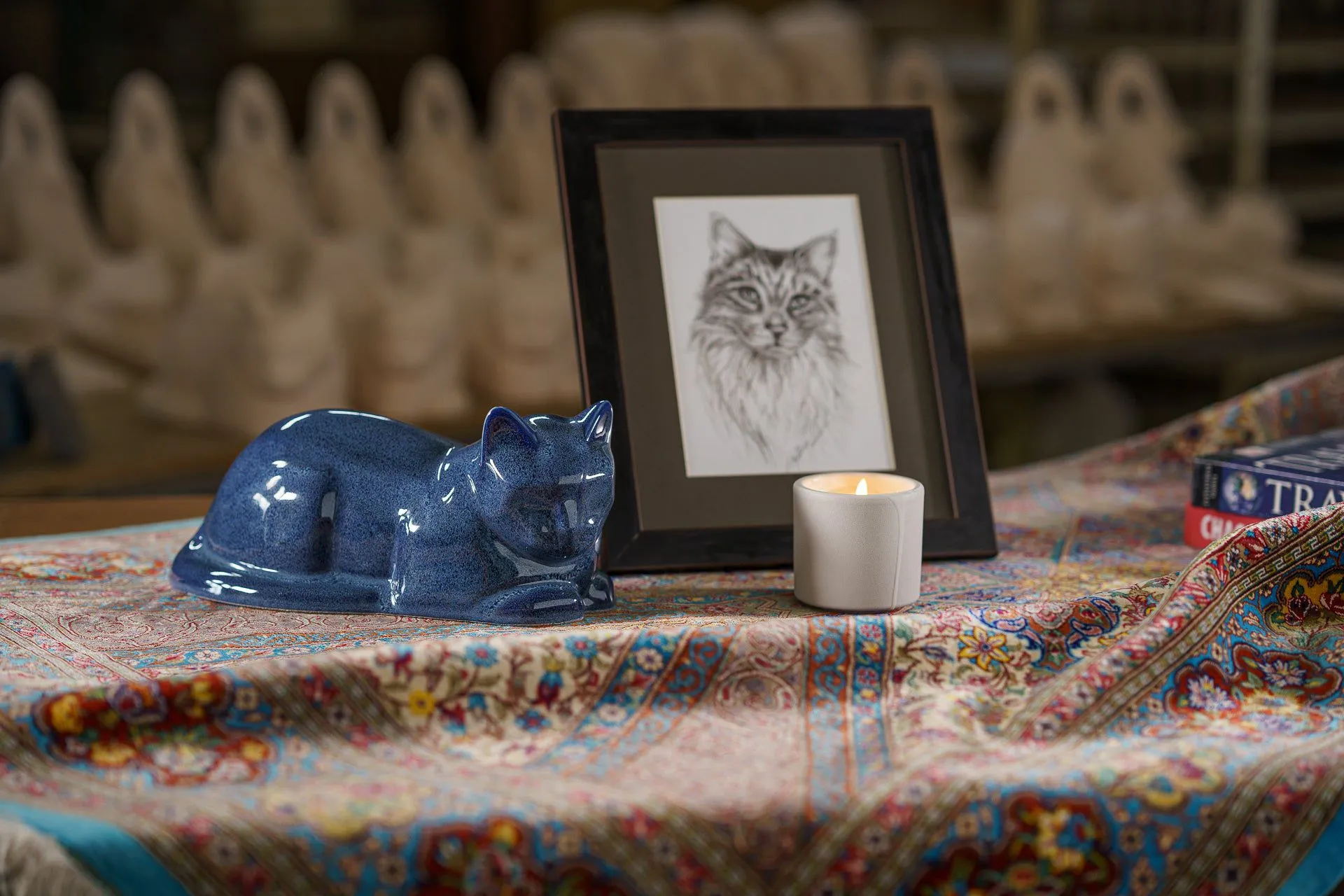 Mini Cat Memorial Bundle - 4 Pieces - Portrait | Urn | Nameplate Holder | Scented Candle