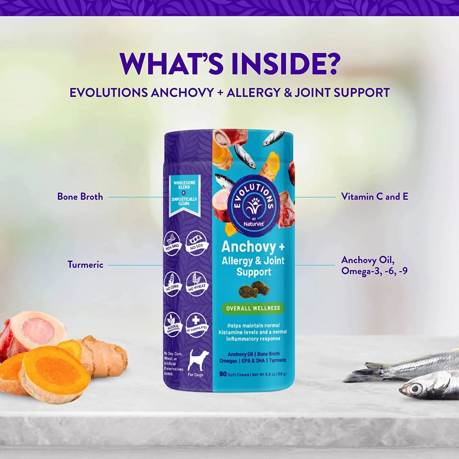 Naturvet Evolutions Anchovy   Allergy and Joint Support Soft Chews Dog Supplements - 90 Count