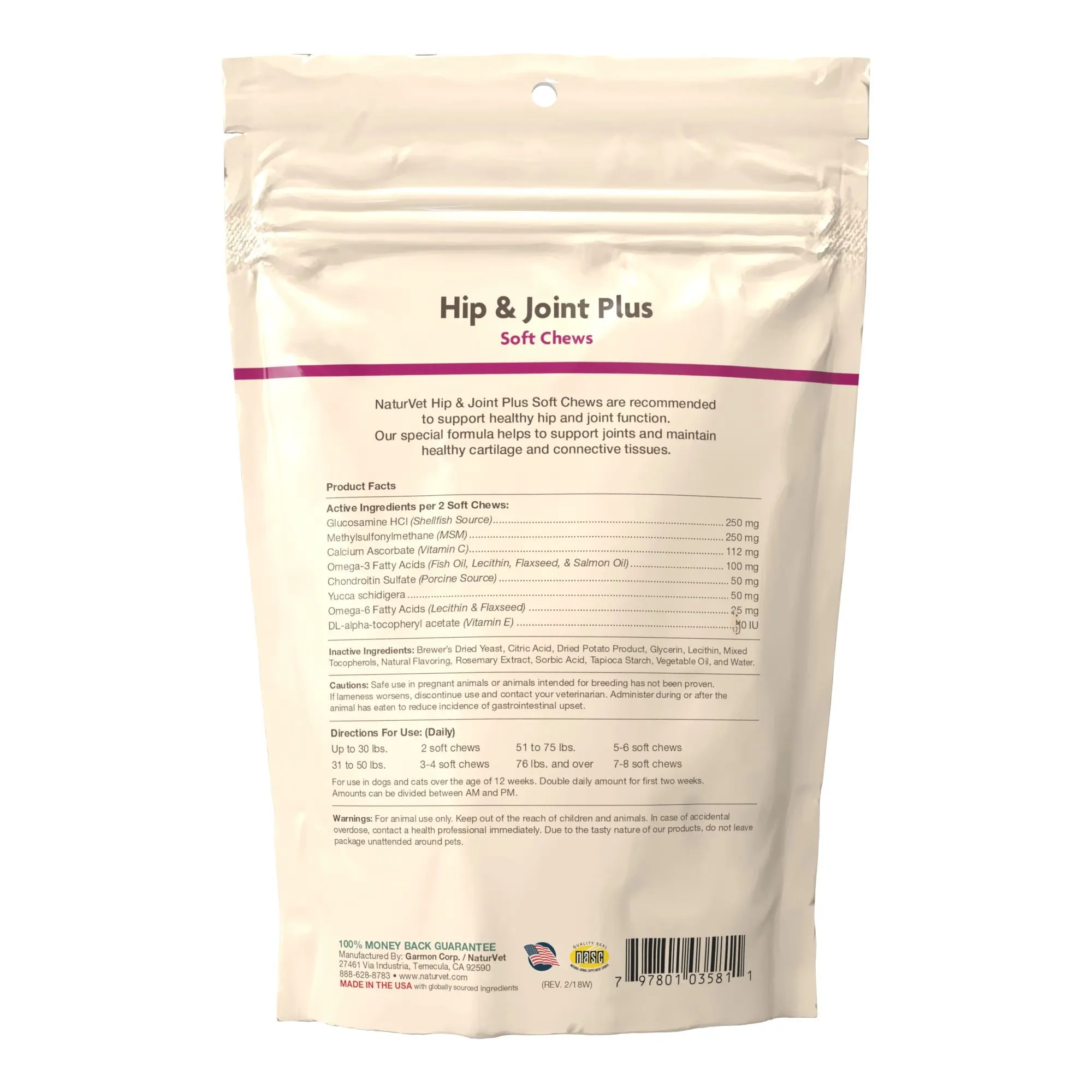 Naturvet Hip & Joint Plus Soft Chew Dog Supplements - 120 ct Bag
