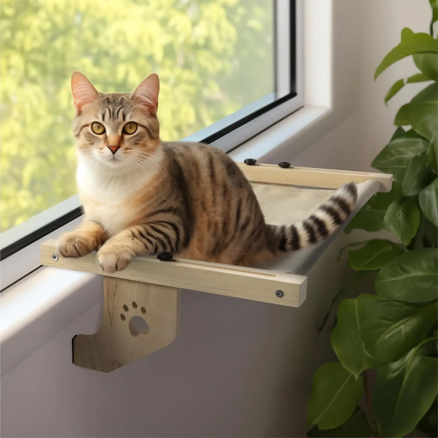 Navaris Cat Perch - Heavy Duty Wooden Hammock, Cat Seat, Shelf, Bed for Window Sill, Bedside, Drawer, and Other Furniture