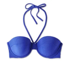 New - Women's Lightly Lined Ribbed Halter Bikini Top - Shade & Shore Blue 34A