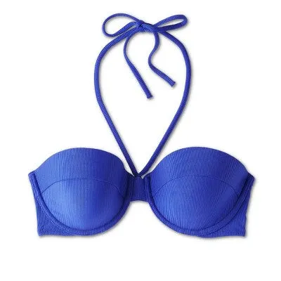 New - Women's Lightly Lined Ribbed Halter Bikini Top - Shade & Shore Blue 34A