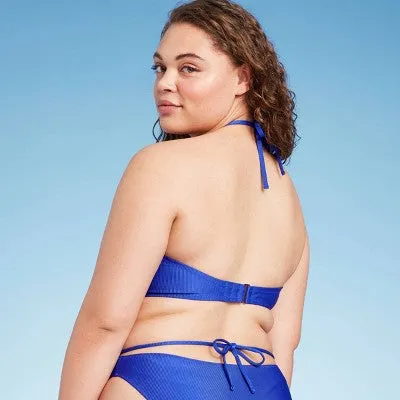 New - Women's Lightly Lined Ribbed Halter Bikini Top - Shade & Shore Blue 34A