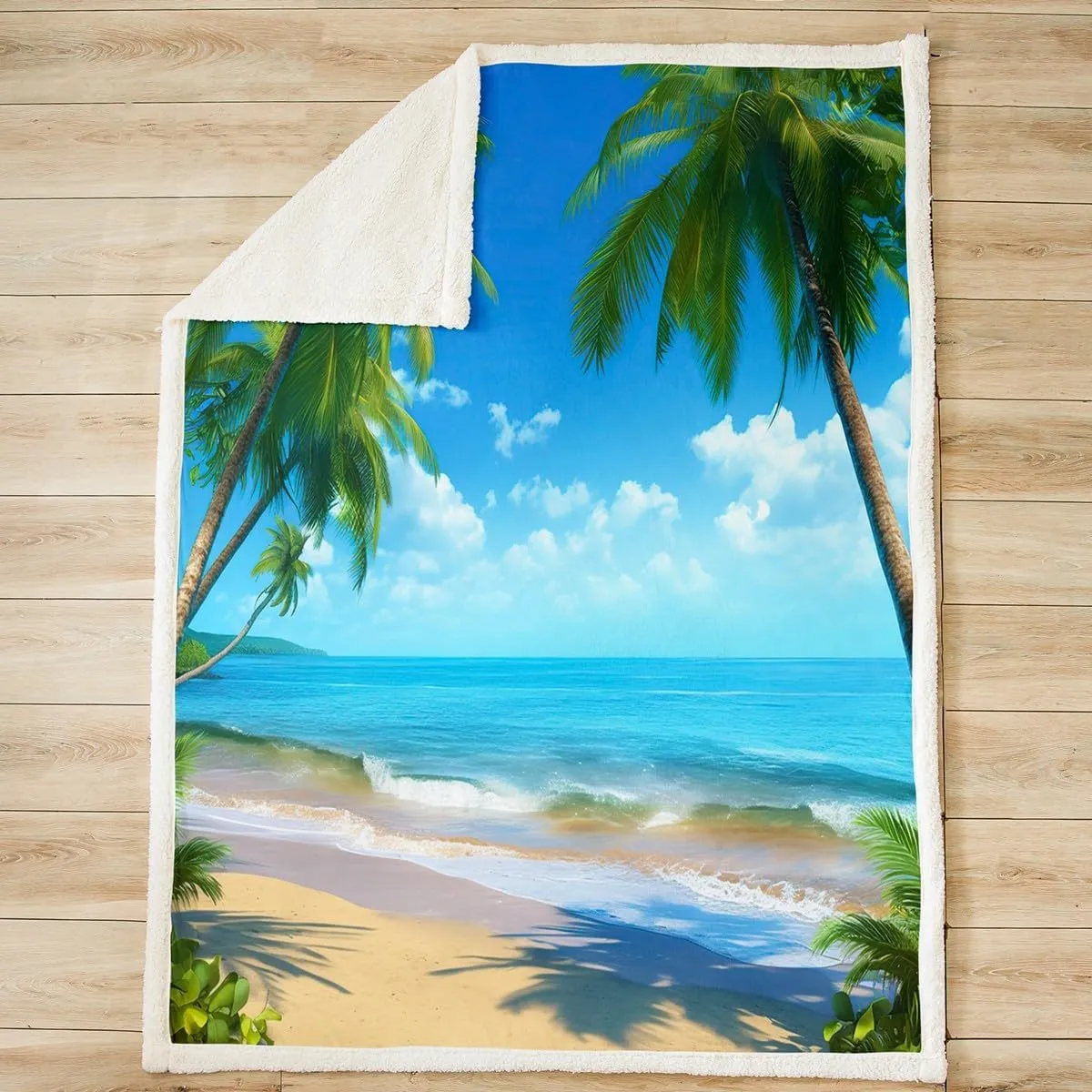 Ocean Beach Themed Fleece Throw Blanket Girls Women Hawaiian Tropical Palm Tree Sherpa Blanket for Bed Couch Kids Adults Blue Sea Plush Blanket Summer Warm Fuzzy Blanket Soft and CozyThrow 50"x60"