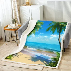Ocean Beach Themed Fleece Throw Blanket Girls Women Hawaiian Tropical Palm Tree Sherpa Blanket for Bed Couch Kids Adults Blue Sea Plush Blanket Summer Warm Fuzzy Blanket Soft and CozyThrow 50"x60"