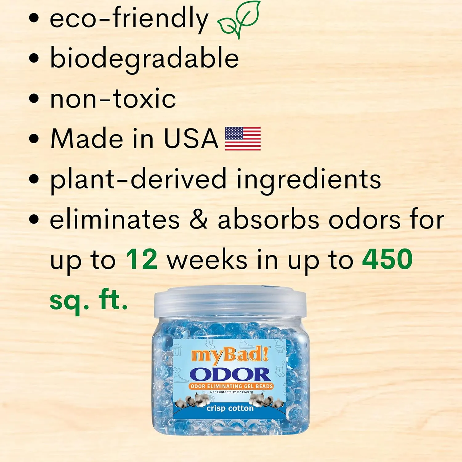 Odor Eliminator Essential Oil Gel Beads 12 oz - Air Freshener - Eliminates Smells in Bathroom, Pet Area, Closets, RVs, Pet Areas (Crisp Cotton, 1 Pack)