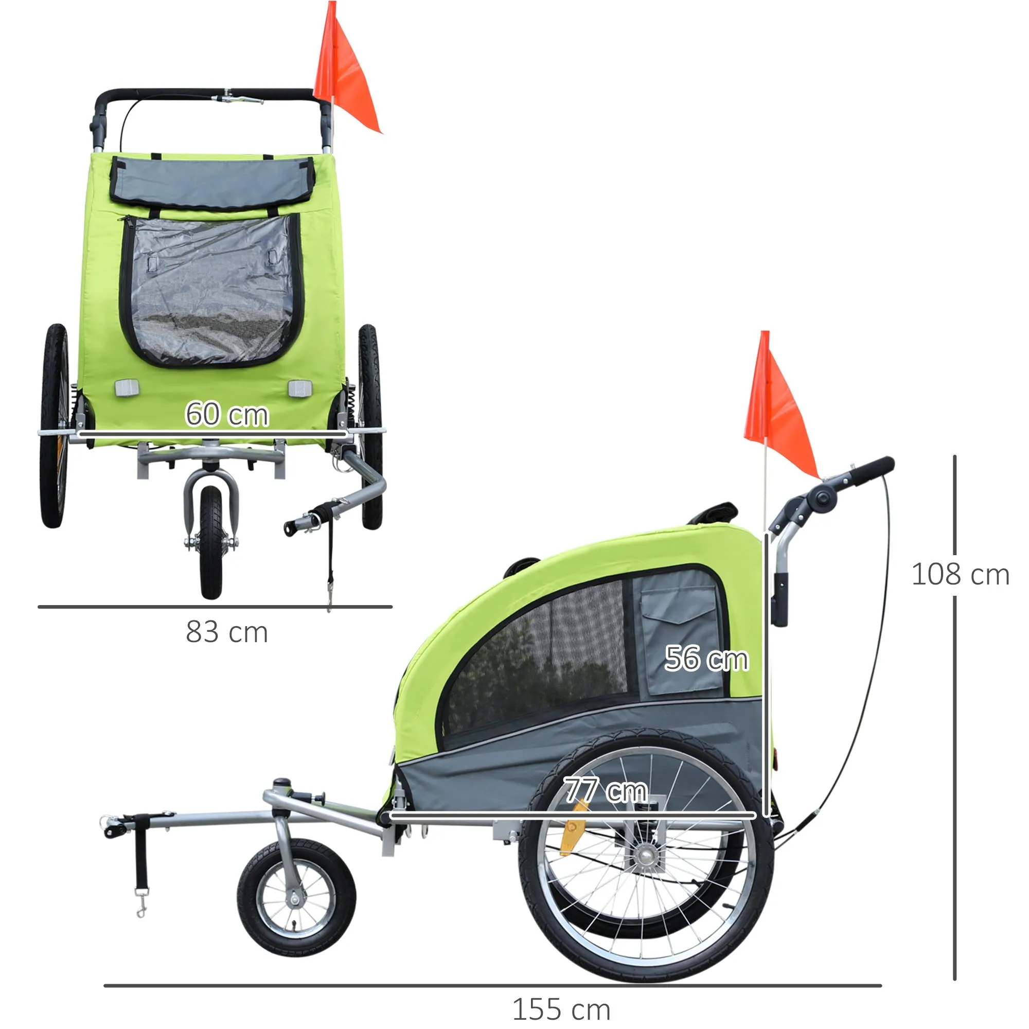 PawHut Steel Pet Bicycle Trailer 360 Rotatable 3 Wheel Carrier Green